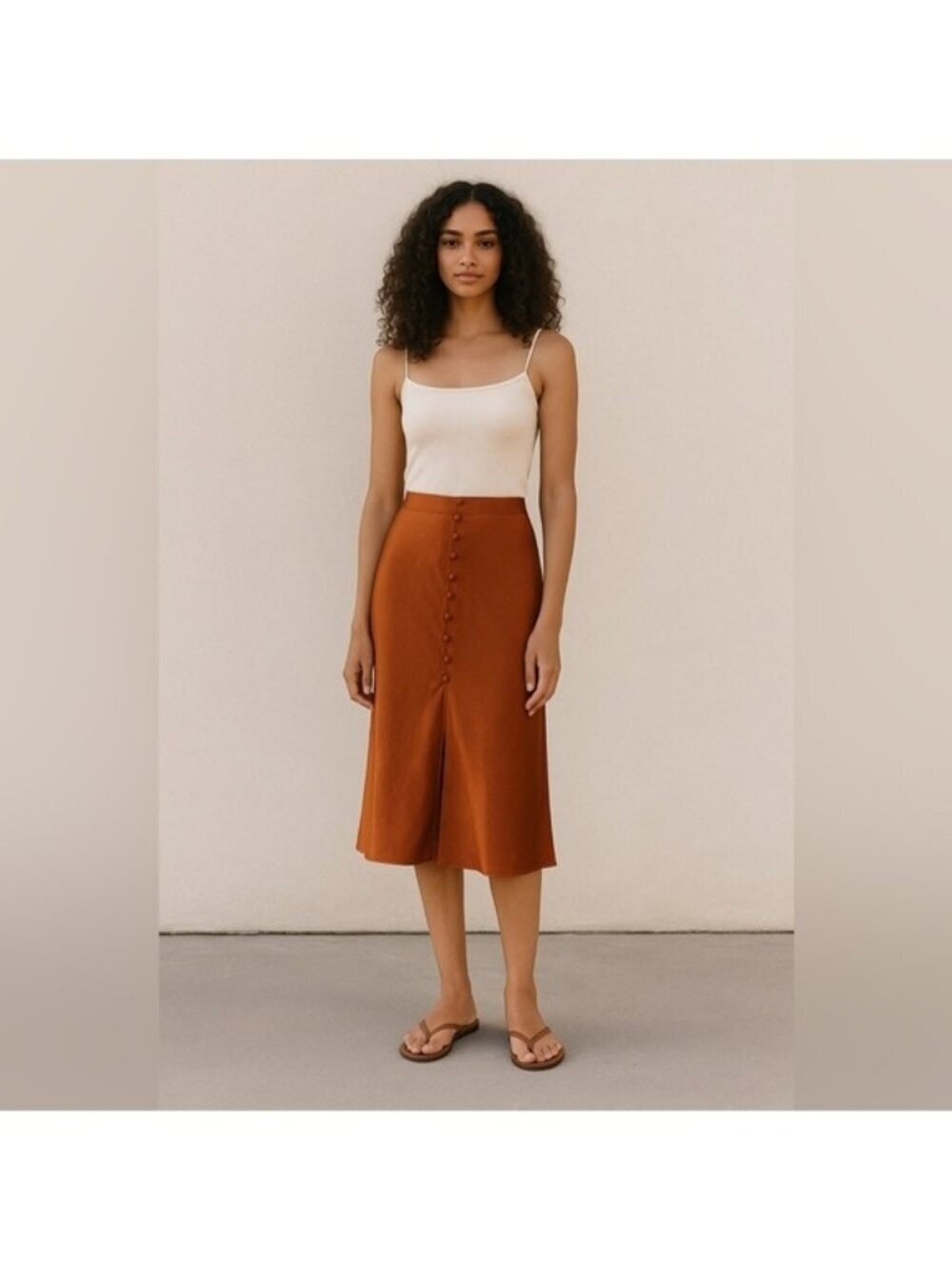 E.ssue Satiny Orange Rust A Line Midi Skirt w Button Details & Front Slit - Med